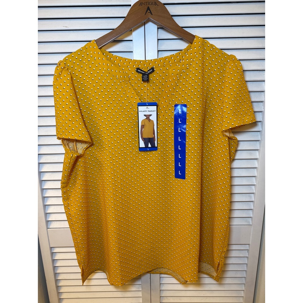 Hilary Radley Womens Yellow Polka Dot Split V-Neck Short Sleeve  Size L NWT